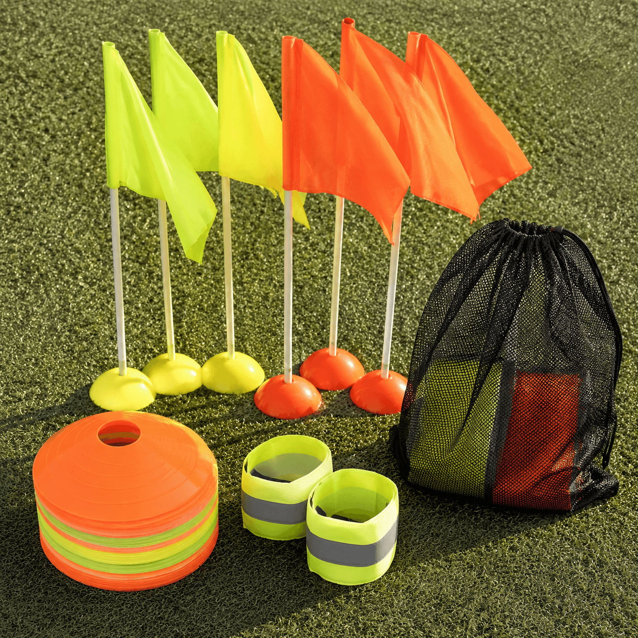 Reflective bands and marker flags on turf without logos