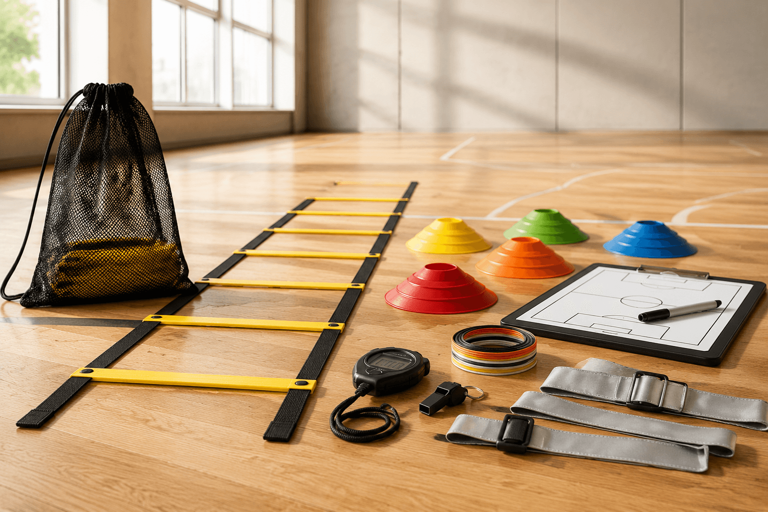 Stgfit unbranded training accessories arranged on an indoor court