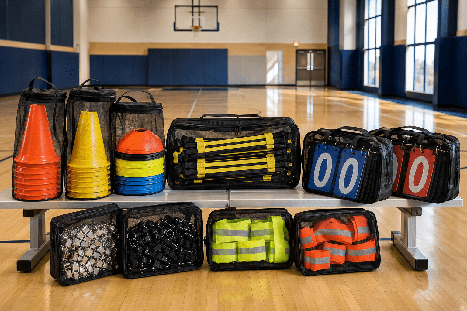 Bulk Stgfit training accessories arranged in a school gym