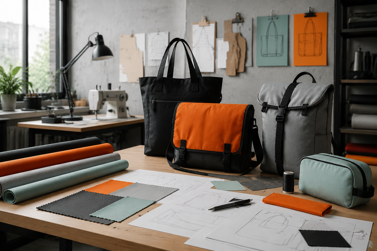 A tidy product studio workbench with fabric swatches, patterns, and finished commuter bags